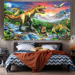 Détail de la texture de la tapisserie dinosaure et du décor de forêt préhistorique au mur