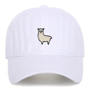 Close-up of fine llama embroidery on white cotton twill baseball cap with ventilation holes