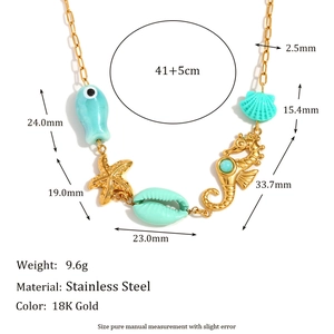 Ocean themed stainless steel necklace with 18K gold plated fish and seahorse charms