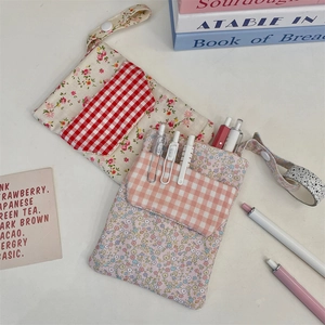 Floral nurse pocket protector and large capacity pen organizer with red and pink checks
