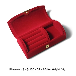 Deep red velvet jewelry box with ring slots and rectangle compartment sized 10.3x5.7x3.5 cm