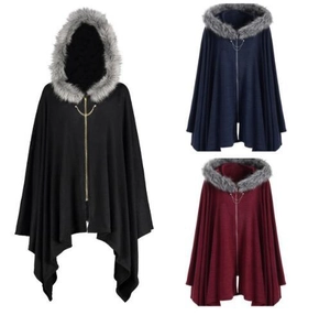 Detail view of hooded knit capes with faux fur collars in black, navy, and wine red