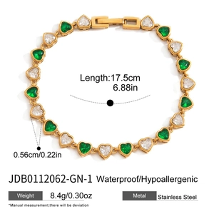 Pulsera de acero inoxidable de oro de 18K con circonitas verdes y blancas de corazón