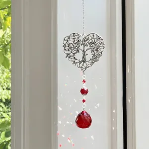 Silver Tree of Life heart suncatcher with red crystal beads and pear-shaped pendant