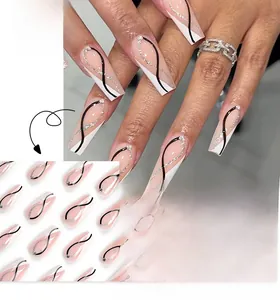 Detail of JP3045 short coffin nails with pink base, black waves, and silver glitter lines