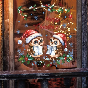 Christmas owl window stickers with Happy Christmas lettering for holiday home decoration
