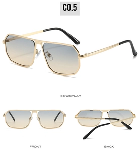 Detailed views of gold pilot sunglasses with gradient lenses in front and side profiles