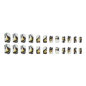 Reusable white press-on nails with artistic black and gold glitter marble patterns