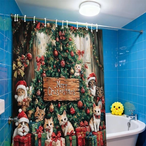 Waterproof Christmas shower curtain with cats, festive tree and gift boxes in bathroom