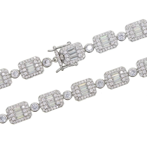 Detail view of silver hip-hop necklace featuring iced-out rectangular links and secure clasp