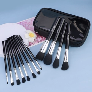 Set de 12 pinceaux de maquillage noir et argent avec poils souples et trousse de rangement