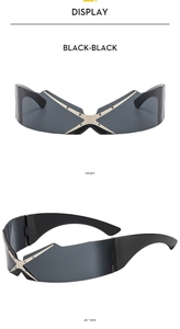 Front and 45-degree side views of black Y2K wraparound sunglasses with metal cross detail