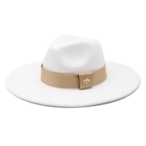 White wide brim wool felt fedora hat featuring a gold satin band with a bee ornament