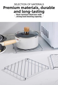 Square stainless steel trivet with heat-resistant bars and sturdy spherical support feet