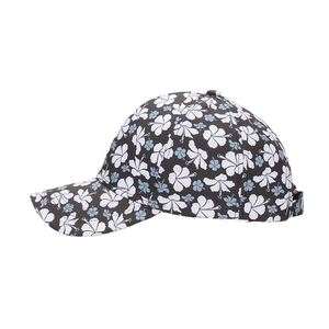 Unisex baseball cap featuring blue and white hibiscus floral print on a dark background