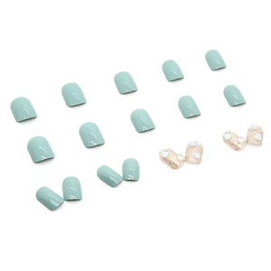 Mint green and silver glitter press-on nails with 3D white heart charms in short square shape