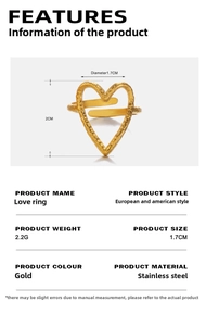 Detail of 18K gold plated heart ring showing 1.7cm diameter and adjustable opening