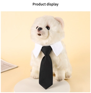 Detailed view of an elegant black silk pet tie with white cotton collar for dogs and cats