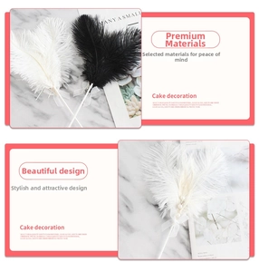 Macro detail of natural ostrich feather cake toppers with pearls and ribbon bows