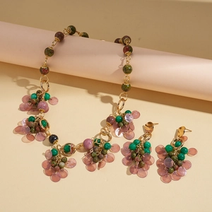 Bohemian jewelry set with stone beads and shell geometric pendants in gold finish