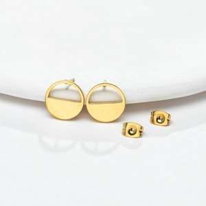 Detail of 18k gold plated geometric semi-circle stud earrings with butterfly backings