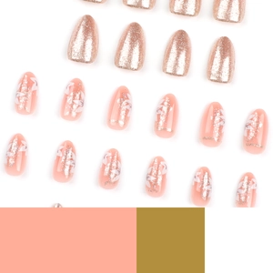 Almond press-on nails with rose gold glitter and white flower designs on nude base