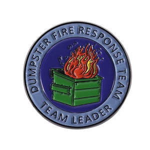 Dumpster Fire Response Team Leader enamel pin badge with colorful tassel textures