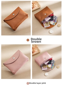 Detail view of double-layer leather coin purse showing snap button and zipper closure