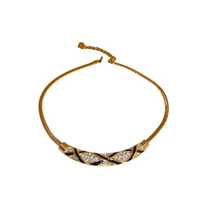 Vintage curved gold necklace with black enamel drip oil and sparkling white crystals