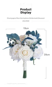 Champagne rose and blue berry bridesmaid bouquet with white ribbon wrap, 18x28cm size