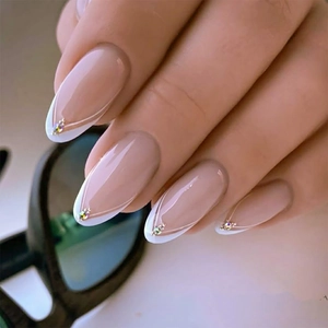 Press On Nails Almond Shape French V-Tip Nude Pink Translucent Jelly Rhinestone Geometric Line Design Removable Minimalist