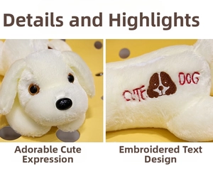 Detail showing facial expression and Cute Dog embroidery on white plush puppy toy