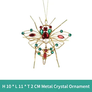 Christmas iron crystal spider hanging ornament in gold with red and green beads