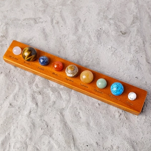 Solar system model with nine natural crystal planets on a wooden base for desk decor