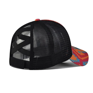 Detail of cross-elastic band ponytail hole and colorful geometric pattern on mesh hat