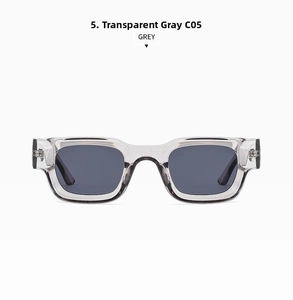 Detail view of transparent grey rectangular sunglasses frames with dark tinted lenses