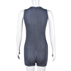 Detail view of the back of a dark gray sleeveless denim romper with cutout design