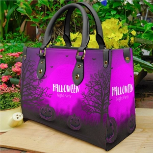 Halloween Night Party tote bag in purple and black PU leather with pumpkin and bat prints