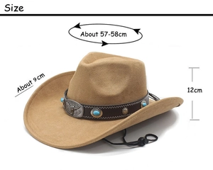 Size chart for khaki wool felt western cowboy hat showing 58cm head circumference