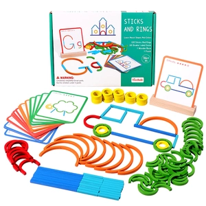 Educational wooden sticks and rings puzzle set with cards for creative shape learning