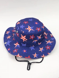 Detail of wide brim boonie hat with star patterns and adjustable chin strap