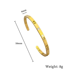 Macro detail of 4mm gold titanium steel bangle with Roman numeral engravings and specifications