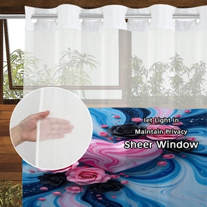 Detail showing the semi-transparent floral shower curtain fabric and metal grommet top
