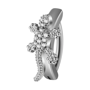 Silver stainless steel gecko belly ring decorated with sparkling white cubic zirconia