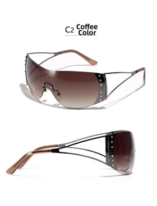 Detailed side view of Y2K rimless sunglasses with coffee gradient lenses and diamond studs