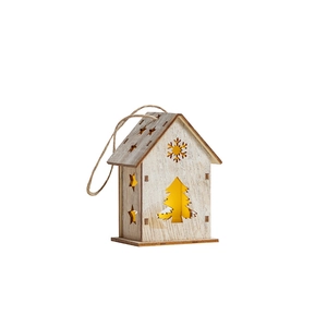 Casetta di Natale in legno luminosa con luci LED calde e decorazioni a forma di stella