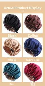 Detail view of double-layered satin hair bonnets with adjustable straps in six colors