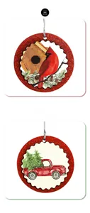 Detail of Christmas ornaments featuring red truck and cardinal bird with sequin edges