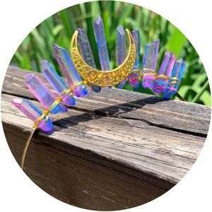 Handmade aura quartz moon crown with purple crystals and gold wire for women