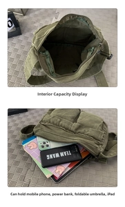 Detailed interior view of the army green canvas messenger bag showing large capacity for iPad
